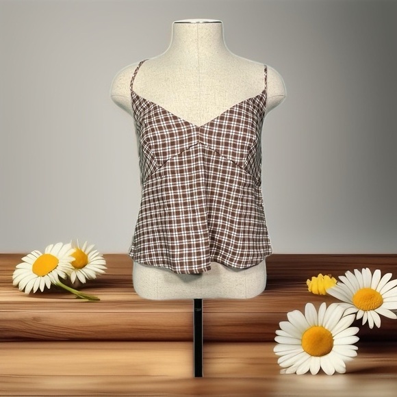 Abercrombie & Fitch Tops - Abercrombie & Fitch Brown Gingham Plaid Crop Cami Tie Sides Extra Small NWT 🤎